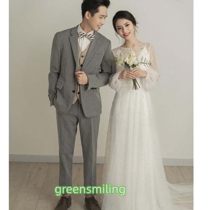 ウェディングドレス ロングドレス スレンダードレス チュール 長袖 パール 二次会 結婚式 前撮り ワンピース 白 ブライダル 花嫁 ウエディ