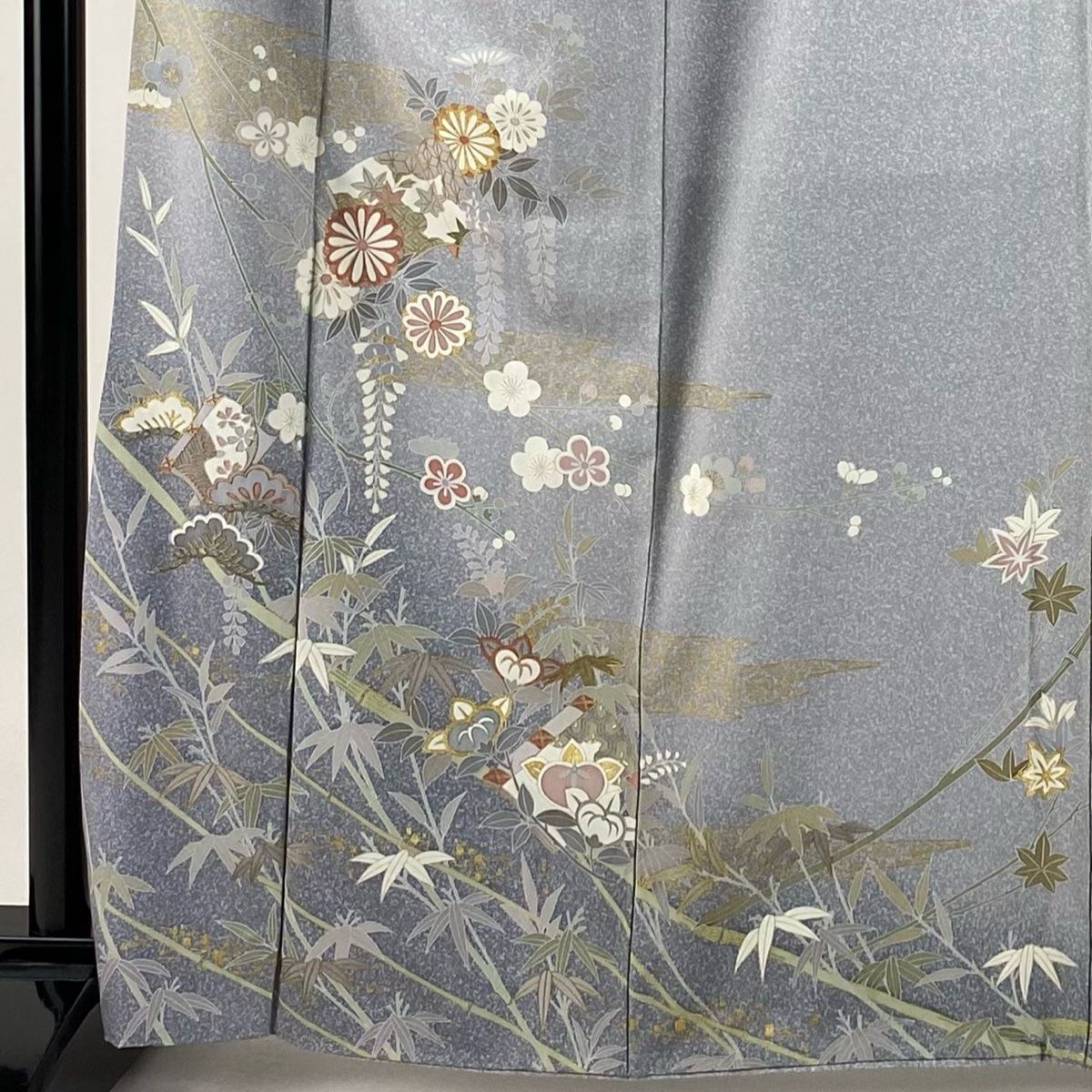 訪問着 身丈163cm 裄丈64.5cm M 袷 冊子 松竹梅 金彩 ぼかし 灰色 正絹 秀品