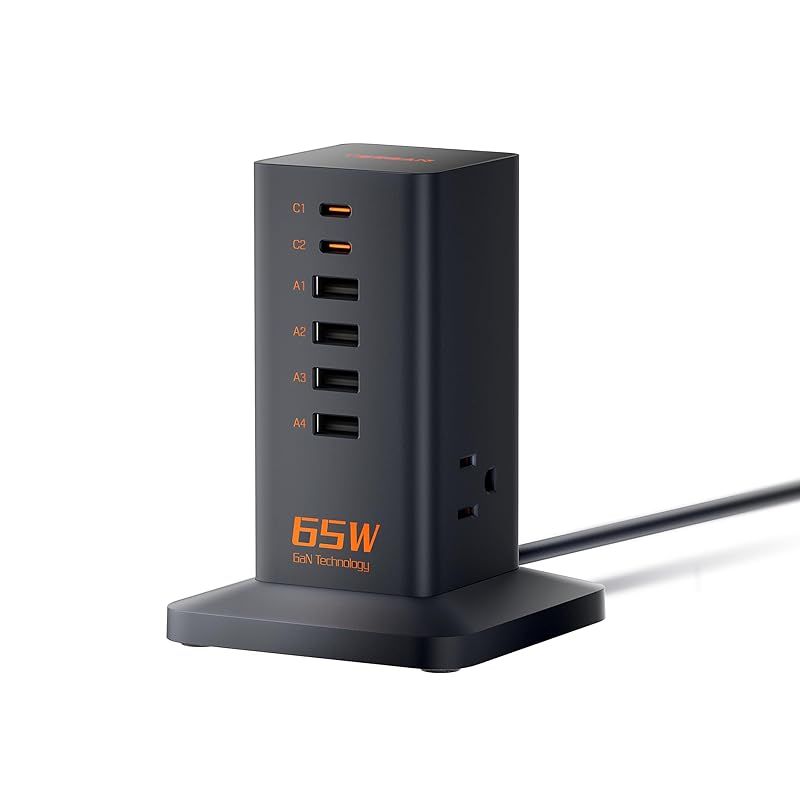セール，100%新品 USB 充電器 合計65W 急速充電器 GaN採用 USB コンセント タップ タワー式 充電ステーション3AC差込口 4USB-A 2USB-C(PD対応 QC3.0 65W TYPE-C)スマホ充電器 USBチャージャー ACアダプター usb 電源タ 0 電源アダプター・充電器