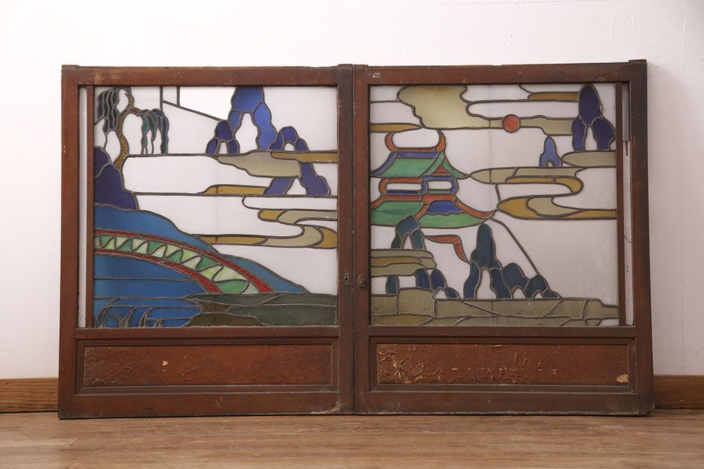 事前問合せ必須 窓2枚セット 和製アンティーク ステンドグラス 建具 引き戸 明り取り リペア 発送まで3週間前後 R-051253