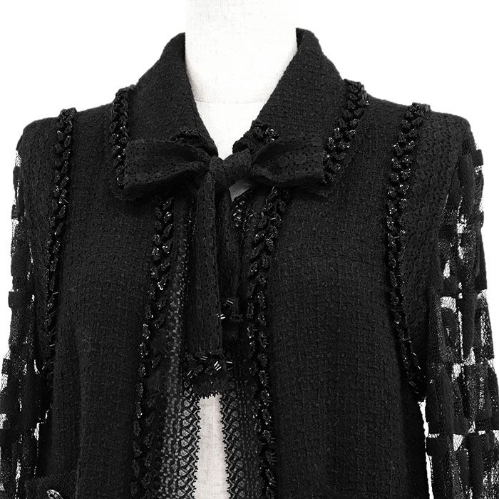 CHANEL シャネル ジャケット ツイード レーススリーブ 09C P34723 2009年製 COCOマーク ロゴ ボタン リボンタイ オープンフロント ビジュー チュール ウール ナイロン レディース 40 ブラック 黒 仏製 カール ラガーフェルド期