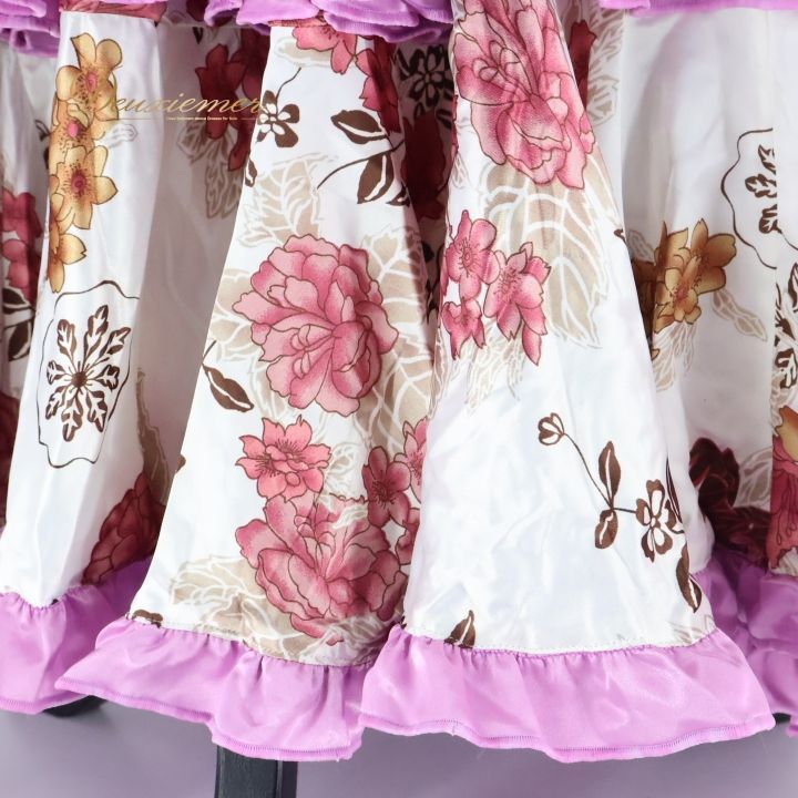 フラメンコ 衣装 ツーピース セットアップ ファルダ トップス ワンピース スカート 白 紫 ラベンダー 花柄 光沢 ボランテ フリル ホワイト系 パープル系 エレガント コスチューム ステージ衣装 フォーマル ダンス 衣装 パーティ レディース かわいい