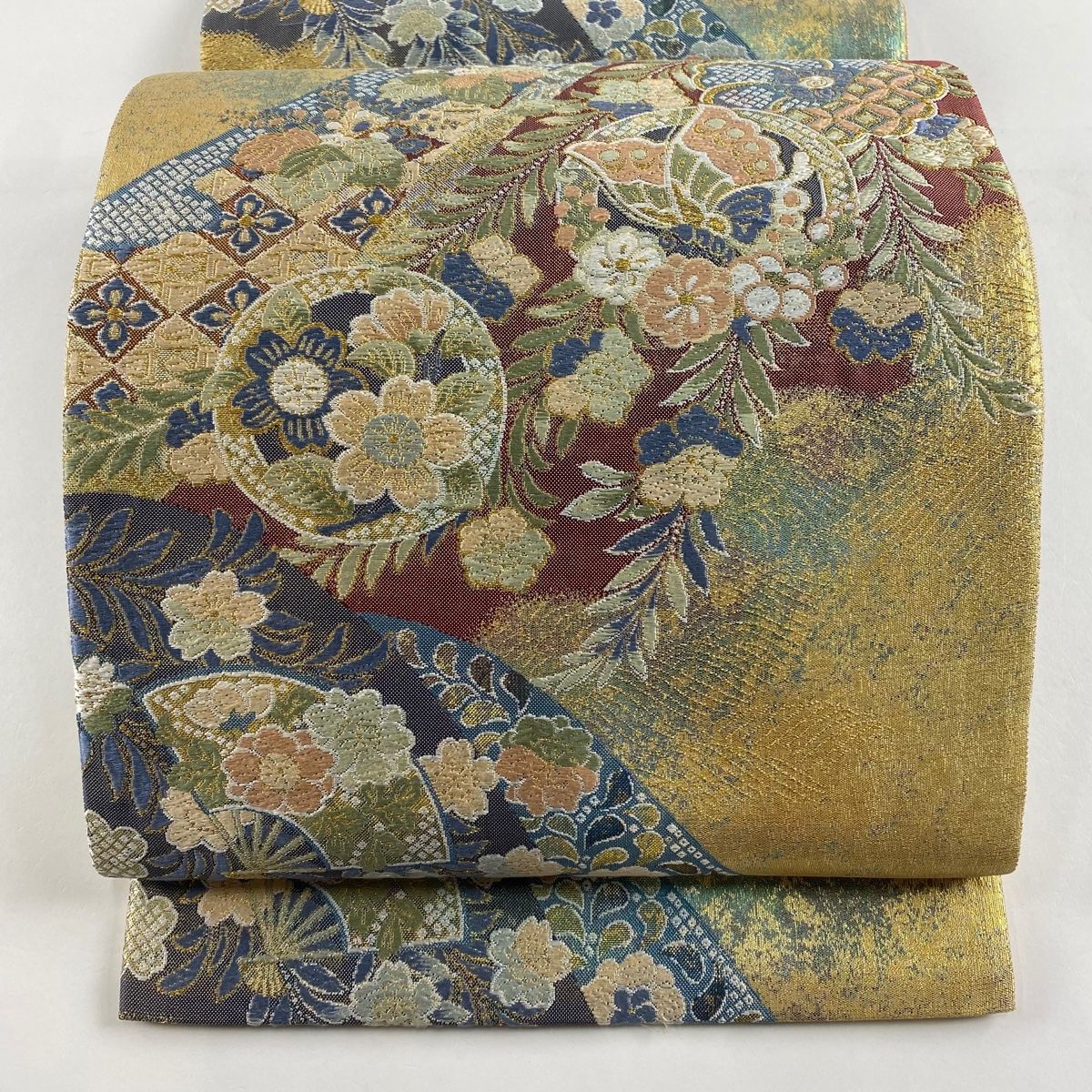 袋帯 秀品 草花 扇 金糸 箔 青灰色 六通 正絹