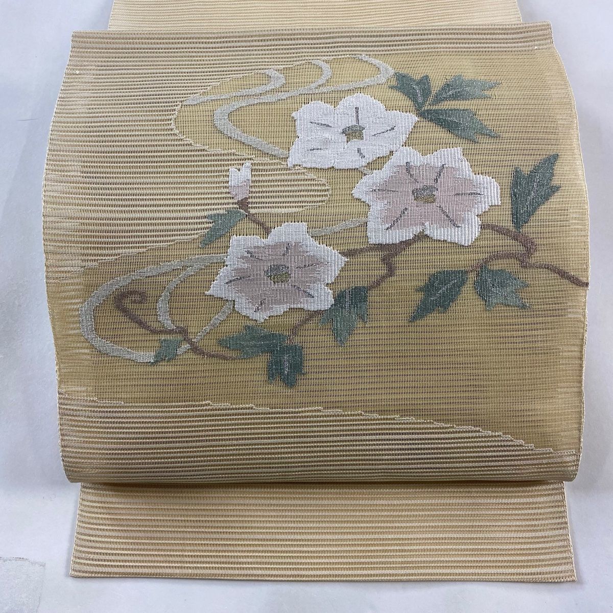 名古屋帯 秀品 八寸名古屋帯 夏帯 絽 トンネル仕立て 枝花 流水 金銀糸 ベージュ 正絹