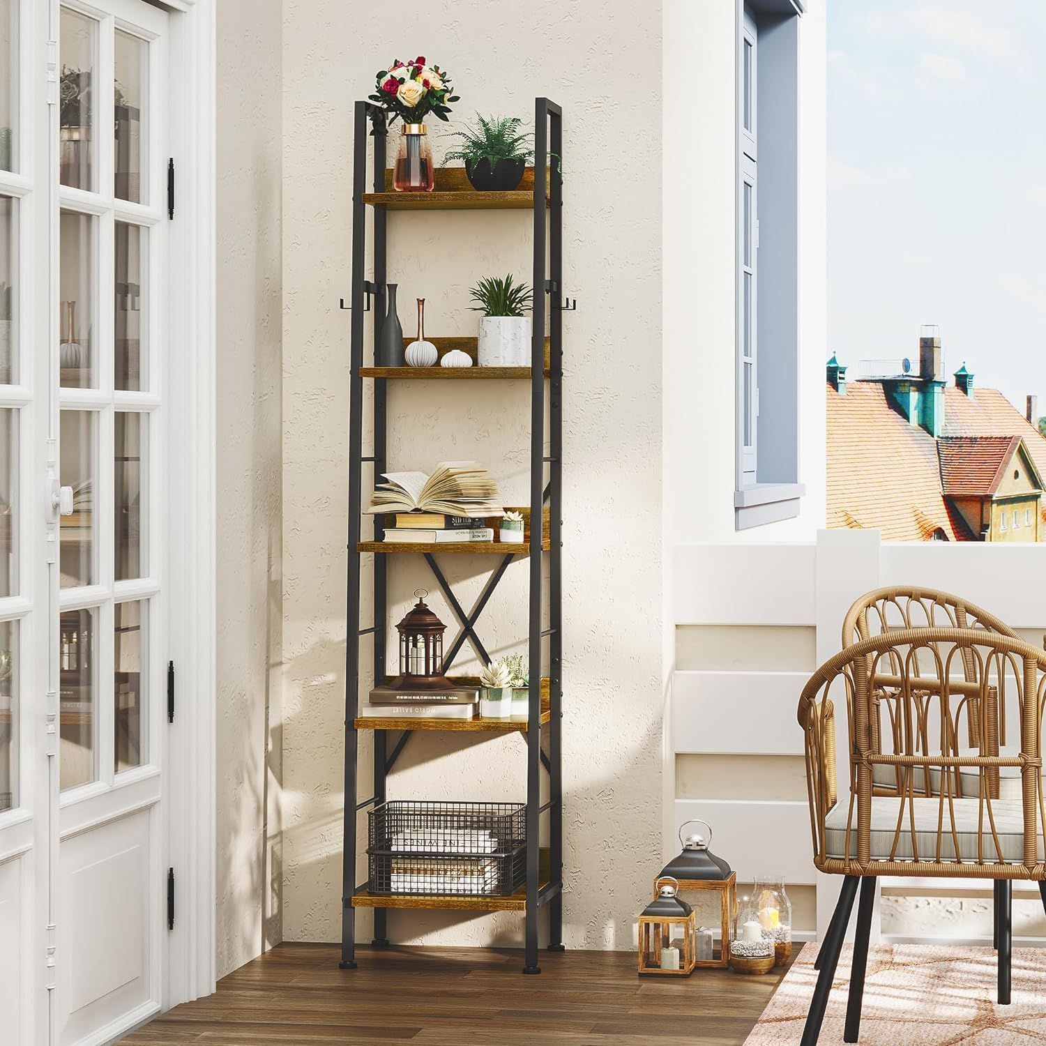 Size 35x30x170cm CJMM オープンシェルフ ラック 5段収納ラックです 幅35奥行30高さ170cm可動フックを4つ追加レトロ色の工業風木製ラックです五階建ての本棚