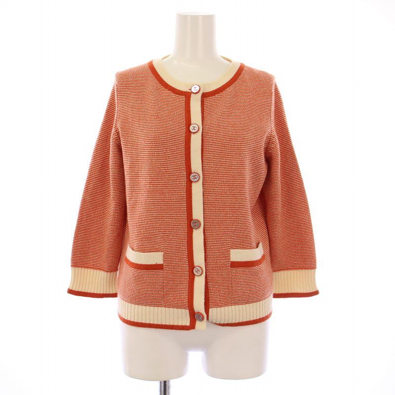 CHANEL シャネル ココマークボタン ショートスリーブカシミヤニットカーディガン ピンク×ネイビー P29748K00312 CHANEL - CHANEL シャネル ココマークボタン ショートスリーブ