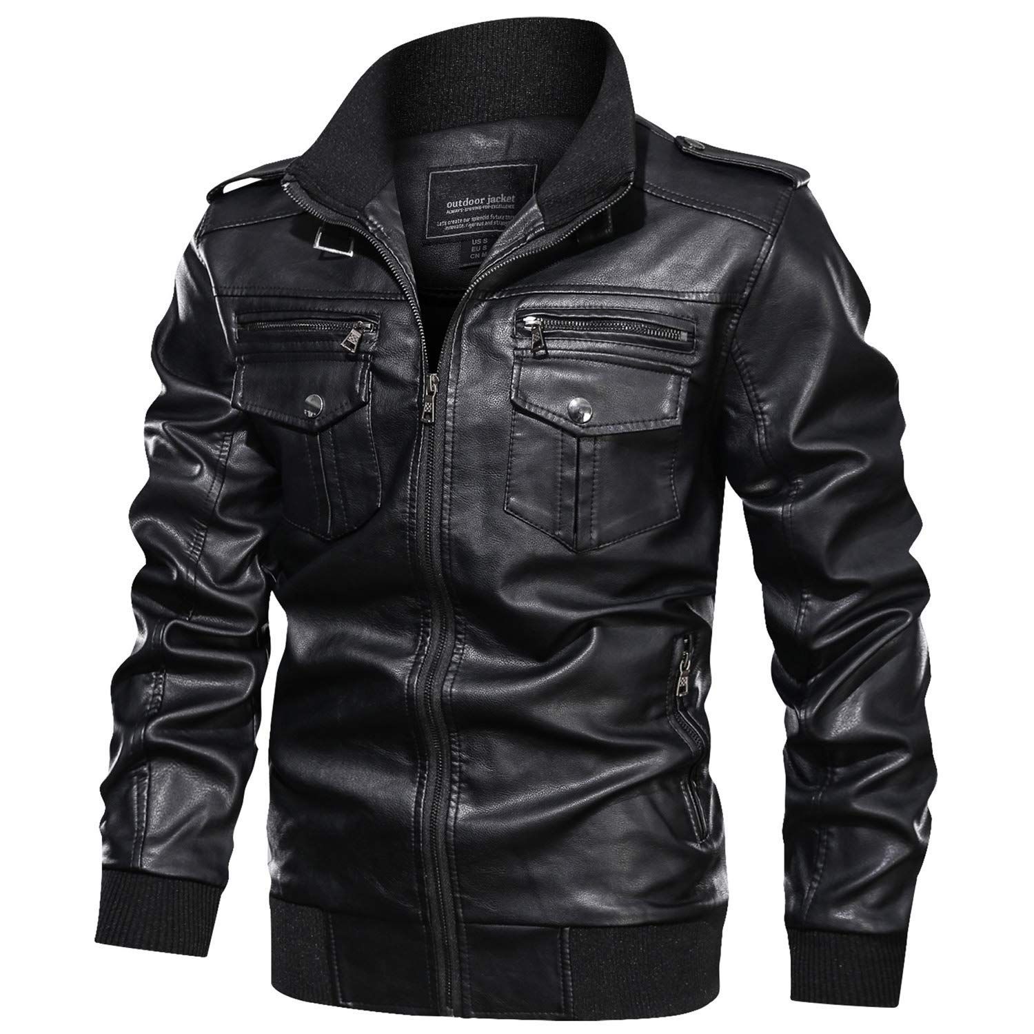 Size:L_Color:ブラック [KEFITEVD] フェイクレザージャケット シングル 合革 ライダースジャケット 防風 メンズ アメリカン ミリタリー ジャンパー 合皮 ブルゾン カジュアル 黒 ブラック L