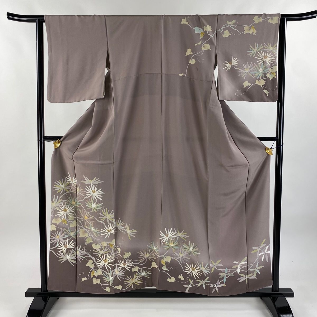 訪問着 身丈155.5cm 裄丈64cm M 袷 若松 葡萄 金糸 金彩 灰紫 正絹 秀品 一つ紋