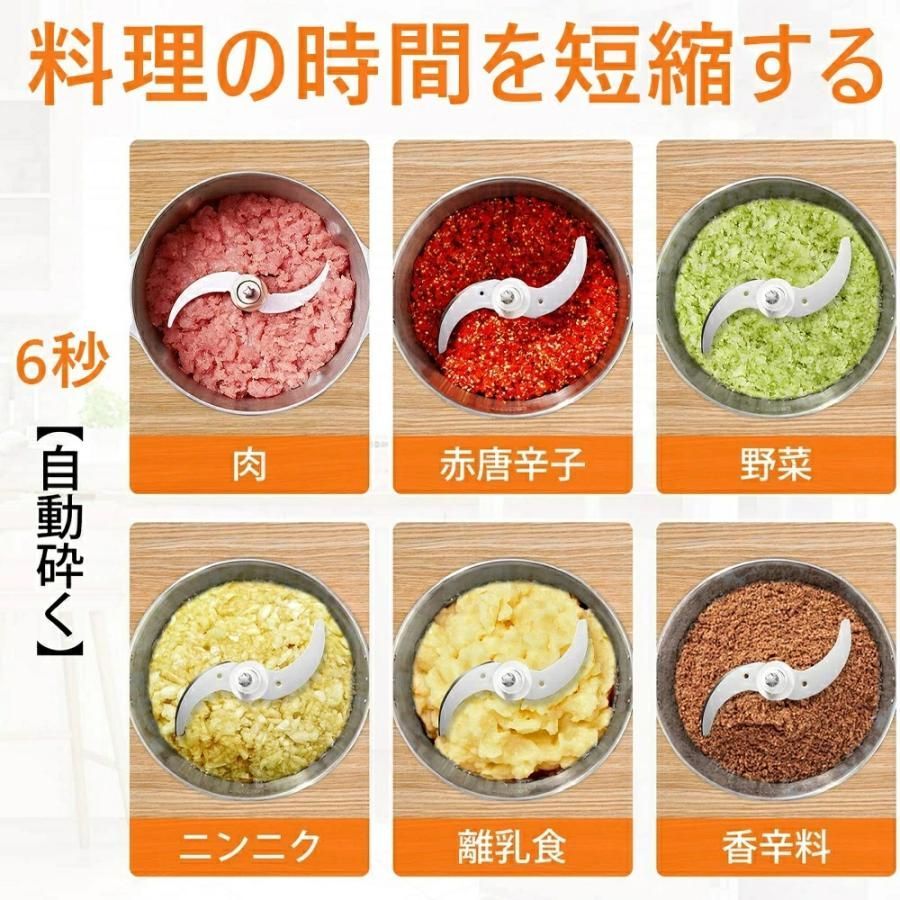 フードプロセッサー 電動 小型 2.0L 肉切り機 ミキサー 粉末機 大根おろし器 フードカッター 刻む 潰す 練る おろす 砕く 混ぜる 離乳食 過熱保護 家庭用