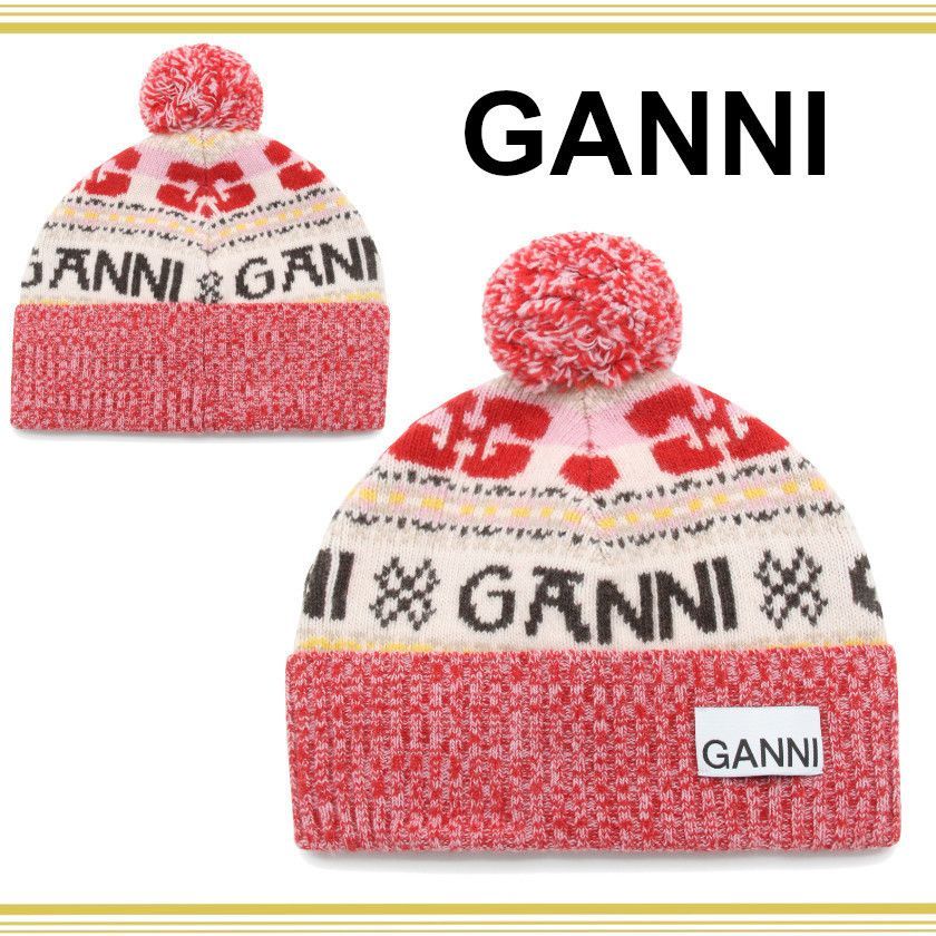 Ganni ガニー マルチカラー ロゴ ポンポン ニットキャップニット構造
