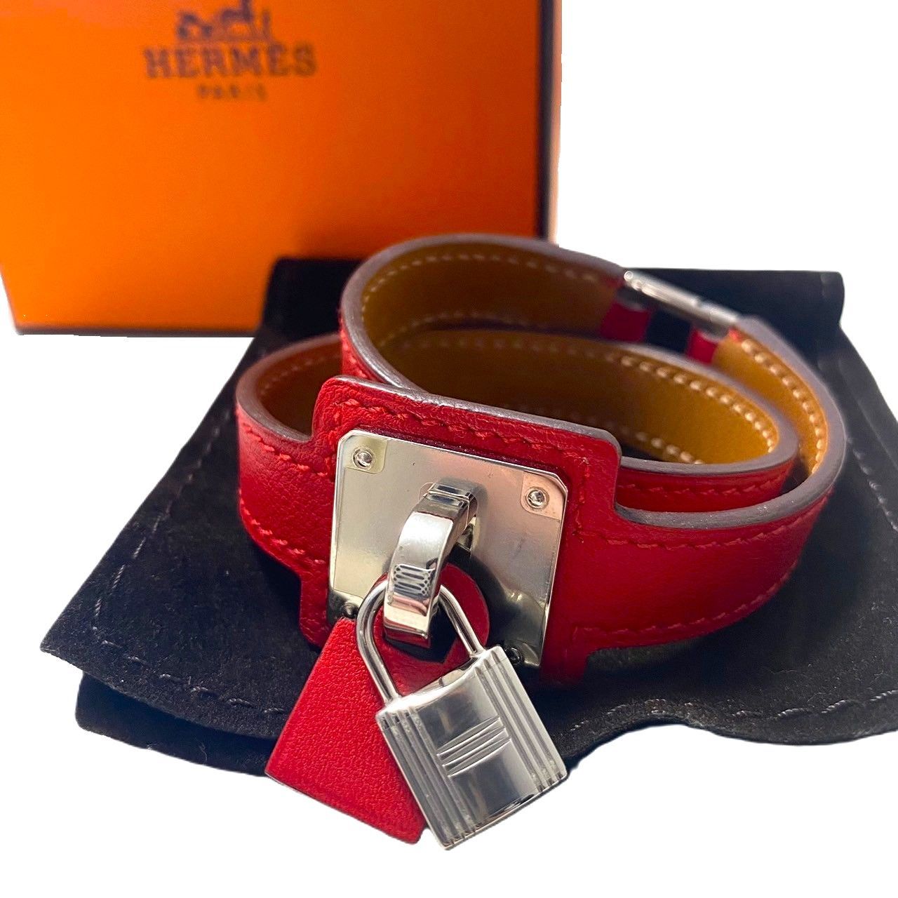 1382 Hermès HERMES エルメス ケリー レザーブレスレット レッド 金具 