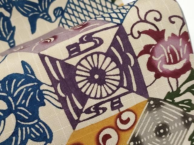 平和屋本店□極上 本場琉球紅型 九寸開き名古屋帯 紬地 花唐草文 薄香