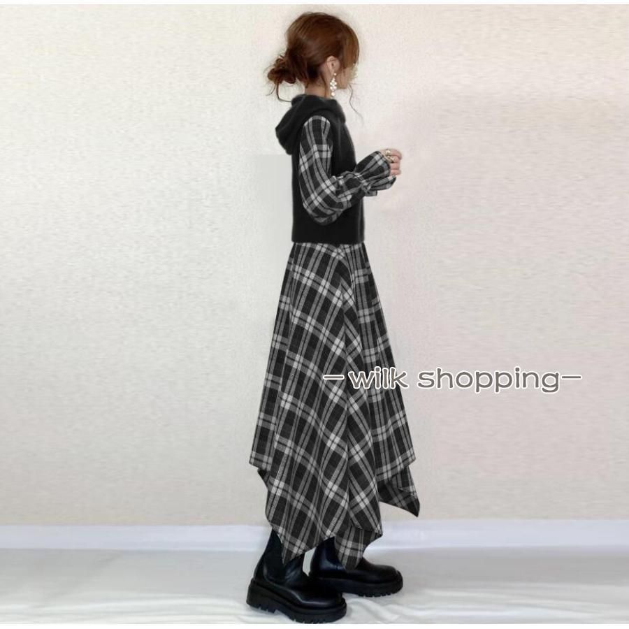 ワンピース ドッキング 長袖 チェック柄 フレア ゆったり 可愛い ドッキングワンピース レディース 秋服 チェック柄 フード付き