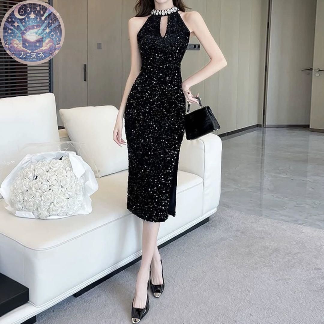 花柄生地が美しい 肩のビーズがオシャレなホルターネックドレス 花柄生地が美しい 肩のビーズがオシャレなホルターネックドレス