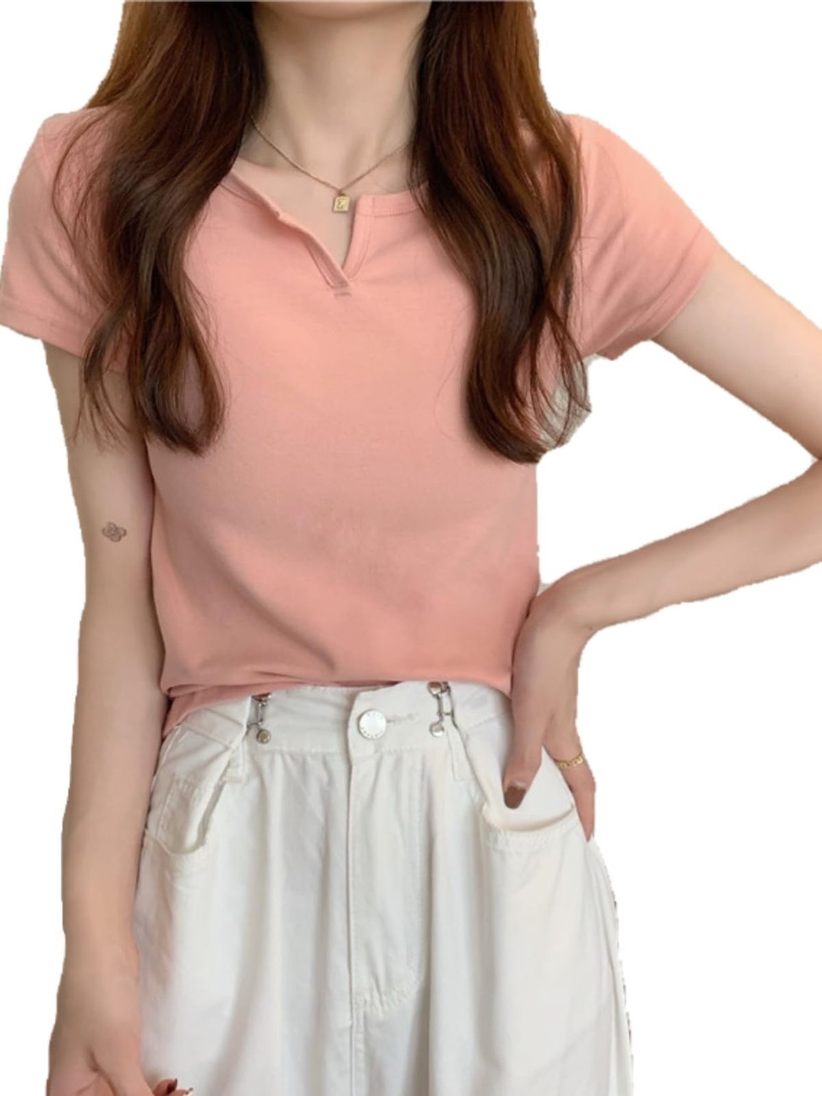 [KOREARU] 韓国ファッション レディース 半袖 トップス 夏 tシャツ vネック ゆったり 無地tシャツ 薄手 韓国服 かわいい 通勤通学 カジュアル シンプル