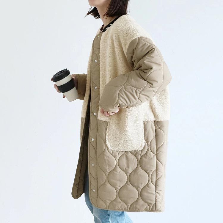 異素材切替キルティングコート ロングコート レディース 秋冬