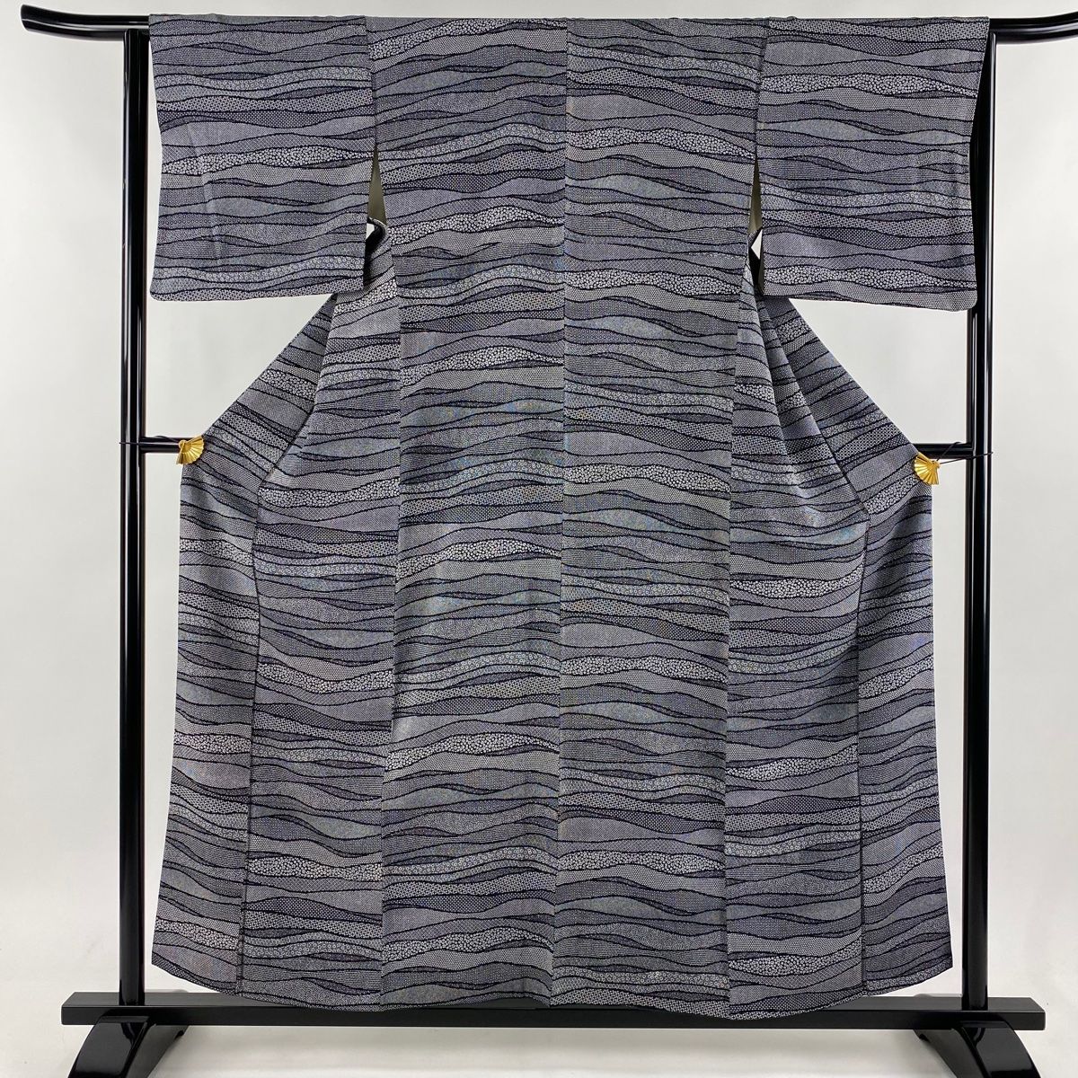 小紋 身丈157.5cm 裄丈64.5cm M 袷 小花 幾何学 黒 正絹 秀品