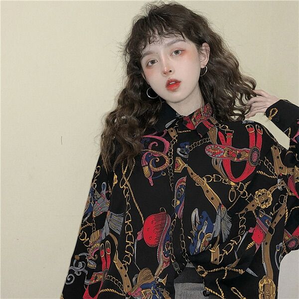 柄シャツ シャツ レディース 長袖 おしゃれ オーバーサイズ