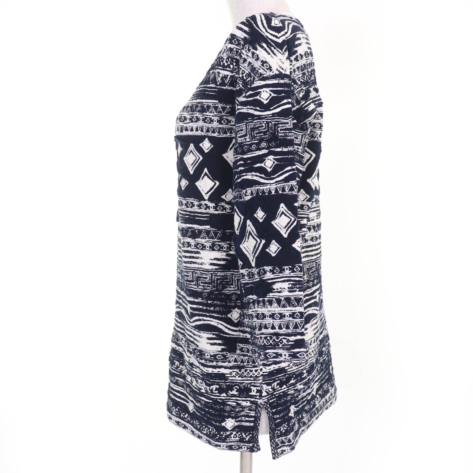 CHANEL シャネル ココボタン ココマーク総柄デザイン 7分袖 ニット チュニック ダークネイビー ホワイト 34 イタリア製 レディース