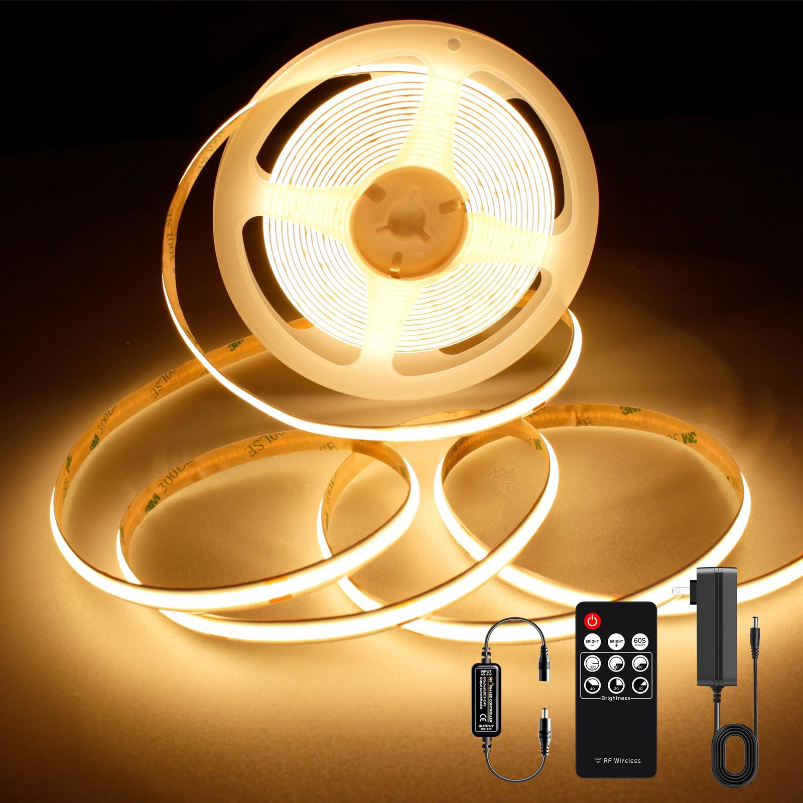【人気商品】24V 電球色 2700K LEDテープライト3m 高輝度 調光可能 高密度 フレキシブル LEDテープライト 付きRF COB リモートおよび PSE認証電源 切断可能 取付簡単 工具不要 AXMOTUT 非防水 店舗 室