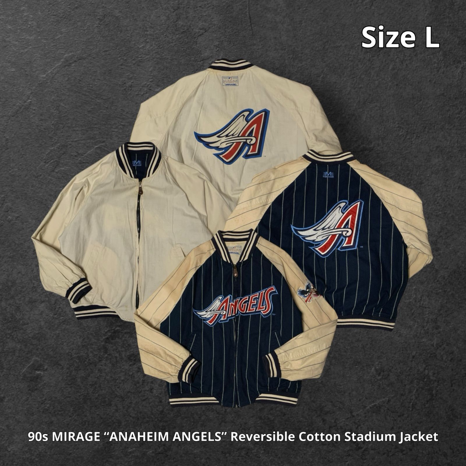 90s MIRAGE “ANAHEIM ANGELS” Reversible Cotton Stadium Jacket ミラージュ アナハイム・エンゼルス コットンスタジアムジャケット スタジャン リバーシブル ネイビー ライトベージュ Lサイズ MLB