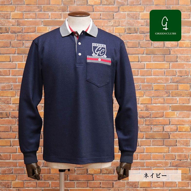 23AW/GREENCLUBS/4(L)サイズ/ポロシャツ ウール混ニット ヘリンボーン柄 胸ポケット 日本製 長袖 新品/紺/ネイビー/jt108/