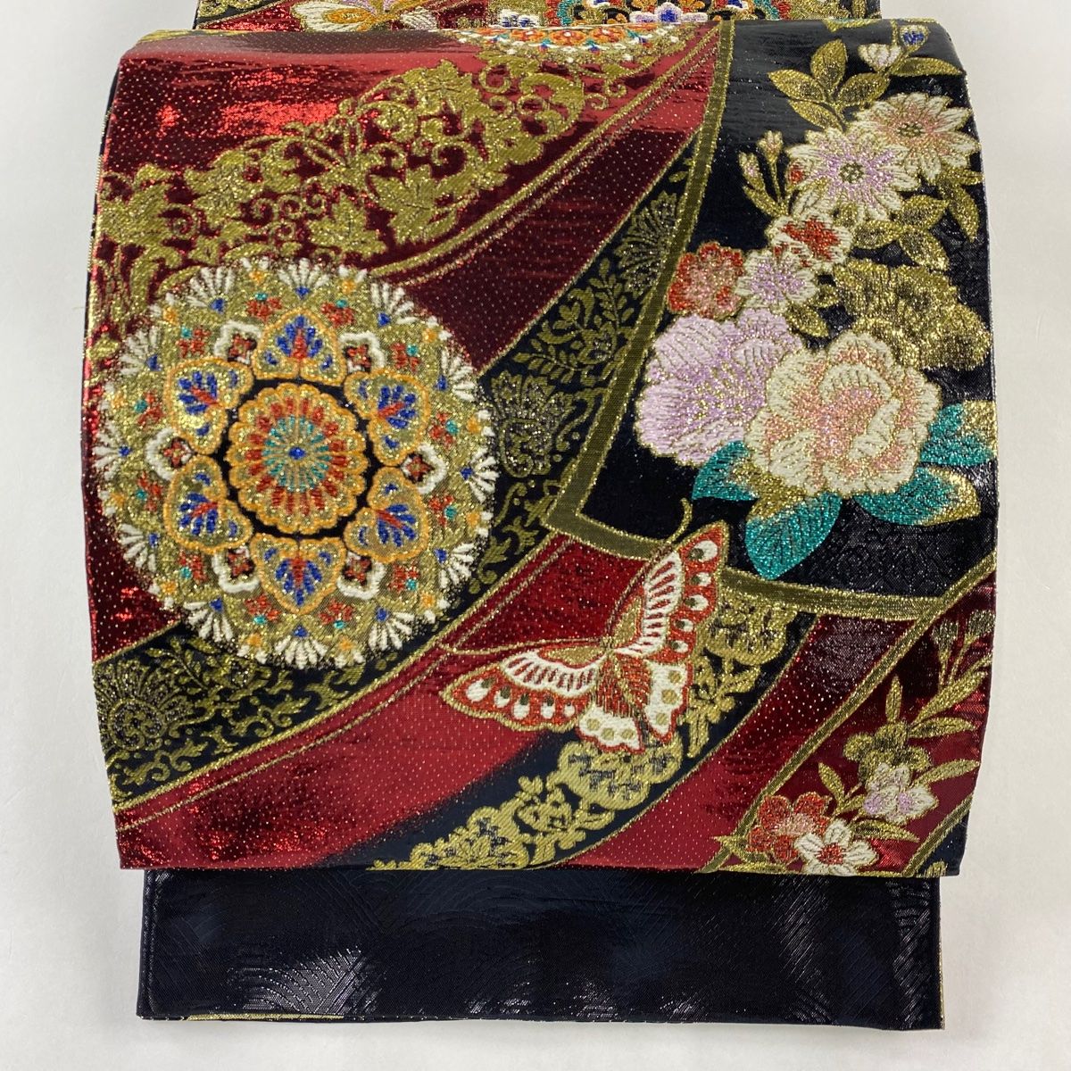 美品 袋帯 秀品 蝶 菊 箔 金糸 黒 六通 正絹｜中古・古着 袋帯 美品 秀 