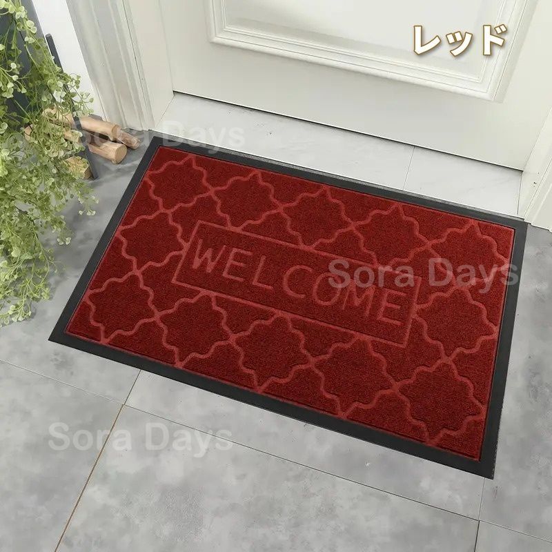 屋外ドアマット 玄関マット ウェルカムサイン ロゴ タイル柄 おしゃれ モダン 可愛い インテリア 北欧 泥落とし 汚れ取り 吸水性 滑り止め 室内 エントランス 洗える 手洗い可 四角 レッド カーキ ダークグレー ラバー ゴム ポリエステル 45×75cm