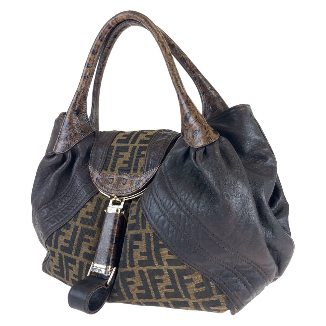 FENDI スパイバッグ ズッカ FF柄 レザー キャンバス ハンドバッグ 美品 FENDI フェンディ ズッカ柄 スパイ ブラウン 茶 キャンバス