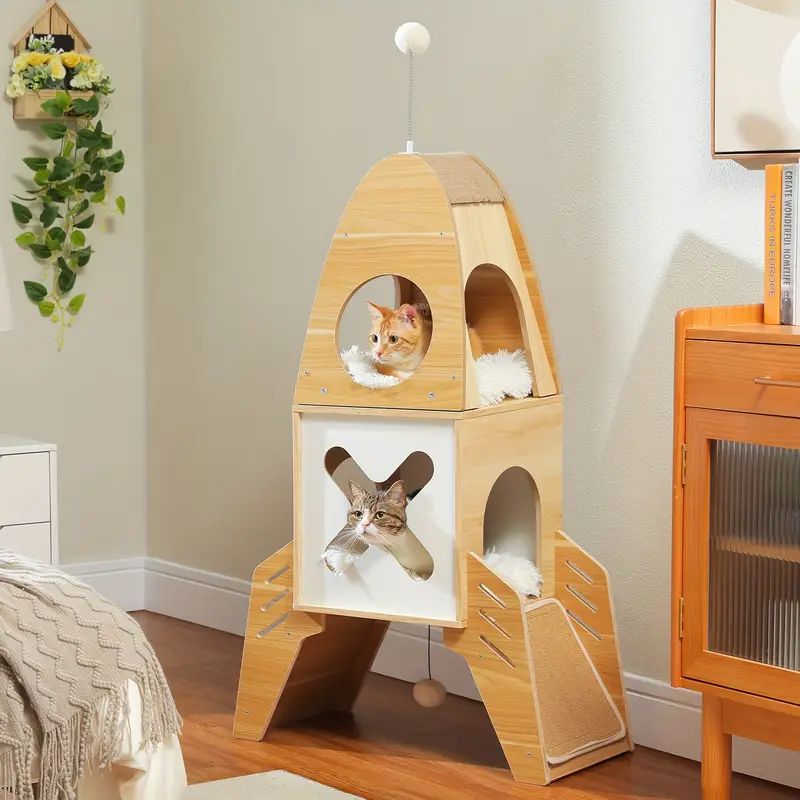 モダンキャットツリーロケットシップ 屋内猫用木製キャットタワー 110CMマルチレベル木製猫家具 2つのコンドミニアム ぶら下がっているボール サイザルスクラッチパッド かわいいキャットツリー子猫の遊び場 ベージュ