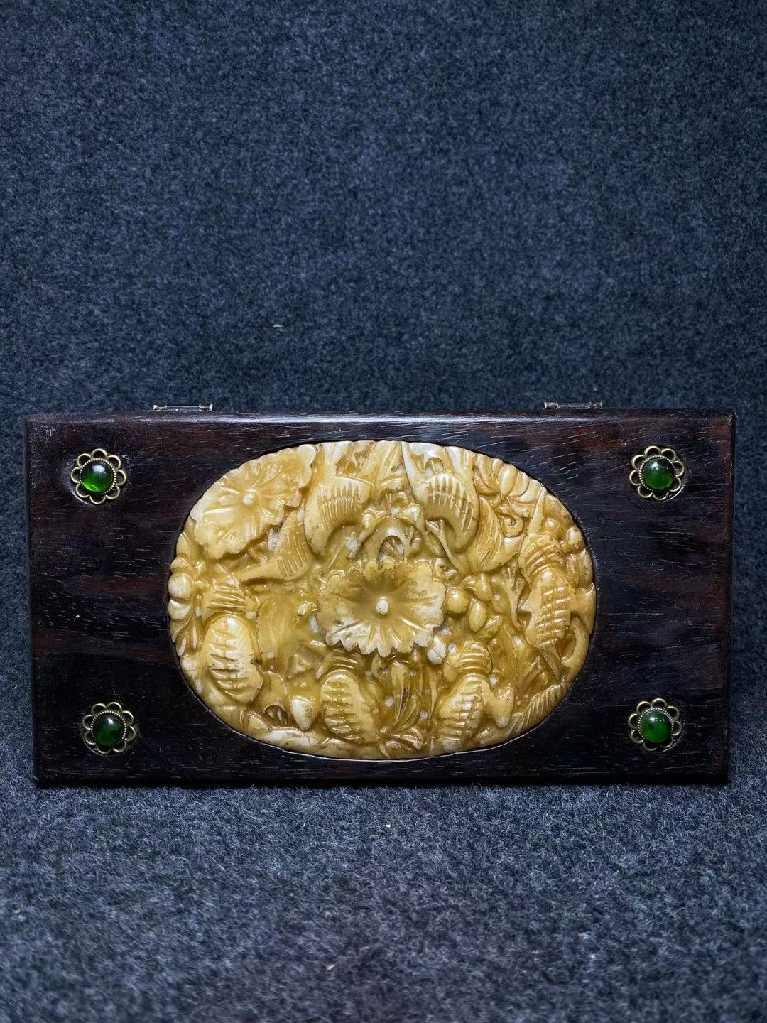 中国古玩·古董店旧蔵· 木細密彫·嵌玉石·收納箱·錢箱·飾品箱·书房置物·中国古美術