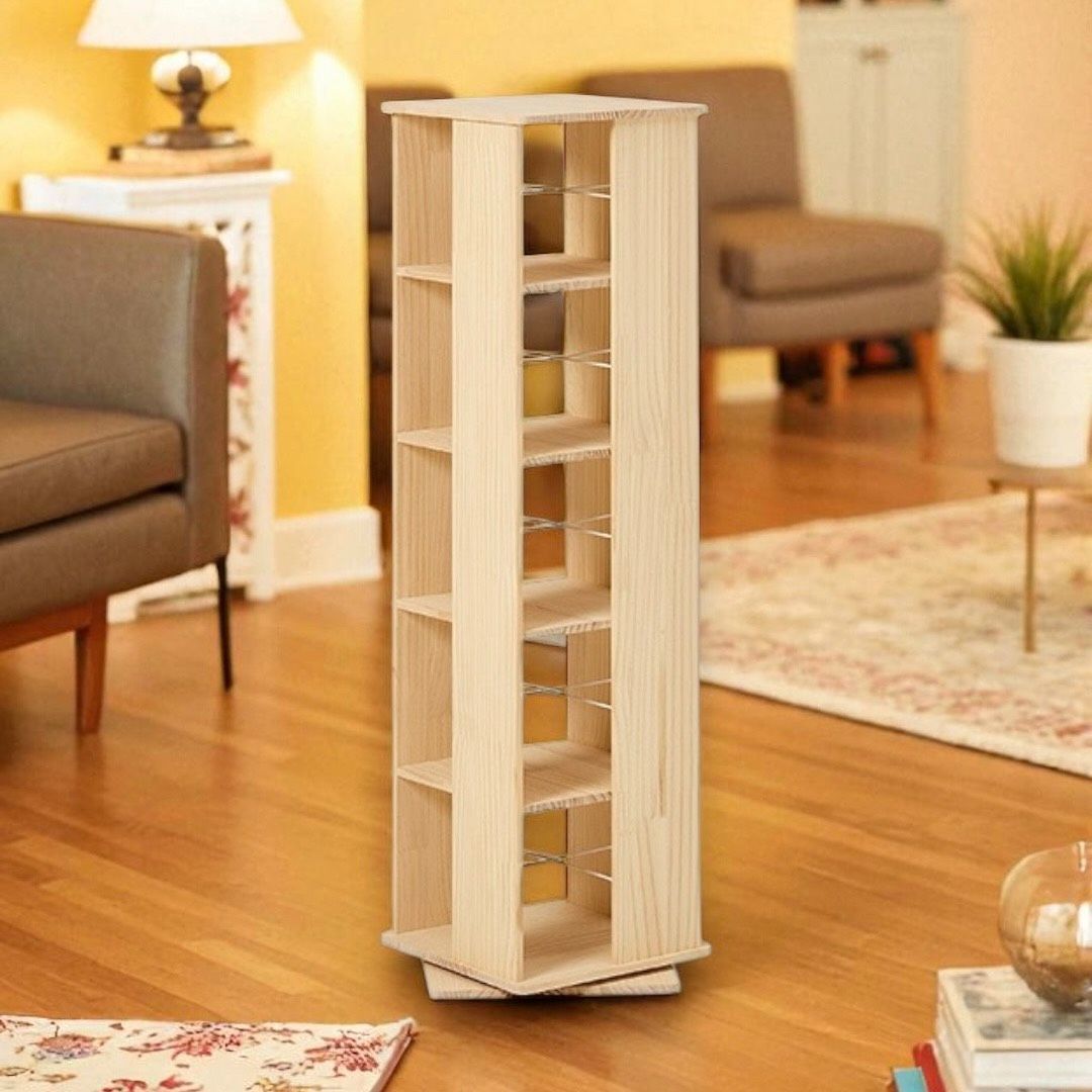 Y 無塗装パイン材 360度回転式 ブックラック 本棚 スリム 大容量 省スペース ブックシェルフ アウトレット