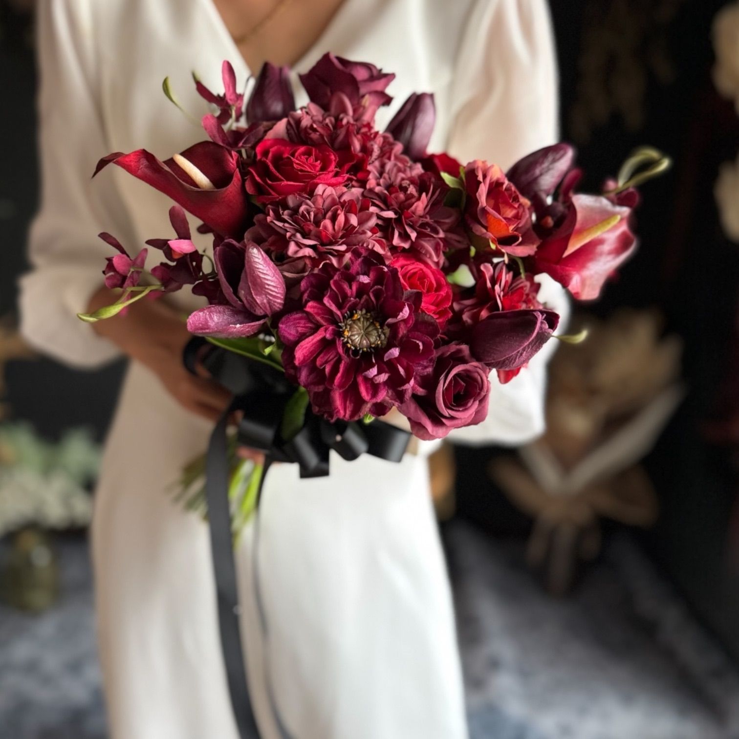 1点モノ☆薔薇と秋色紫陽花のホリゾンタルアレンジ 【フラワー