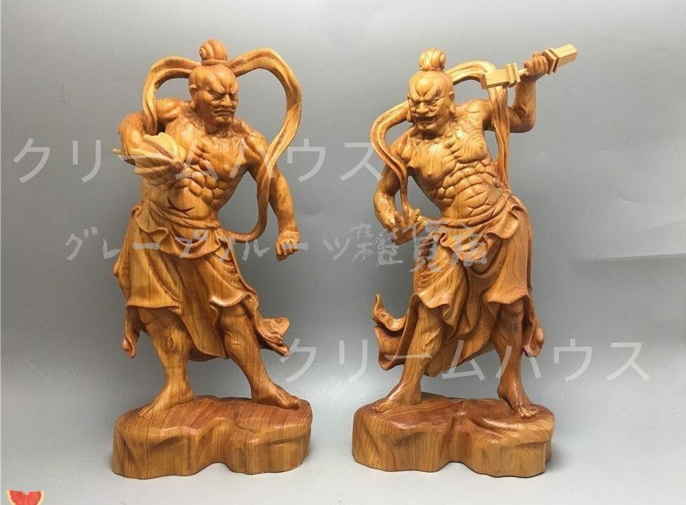 新しい未使用 木彫り仏像 金剛力士像 立像 二体一対 天然 崖柏木
