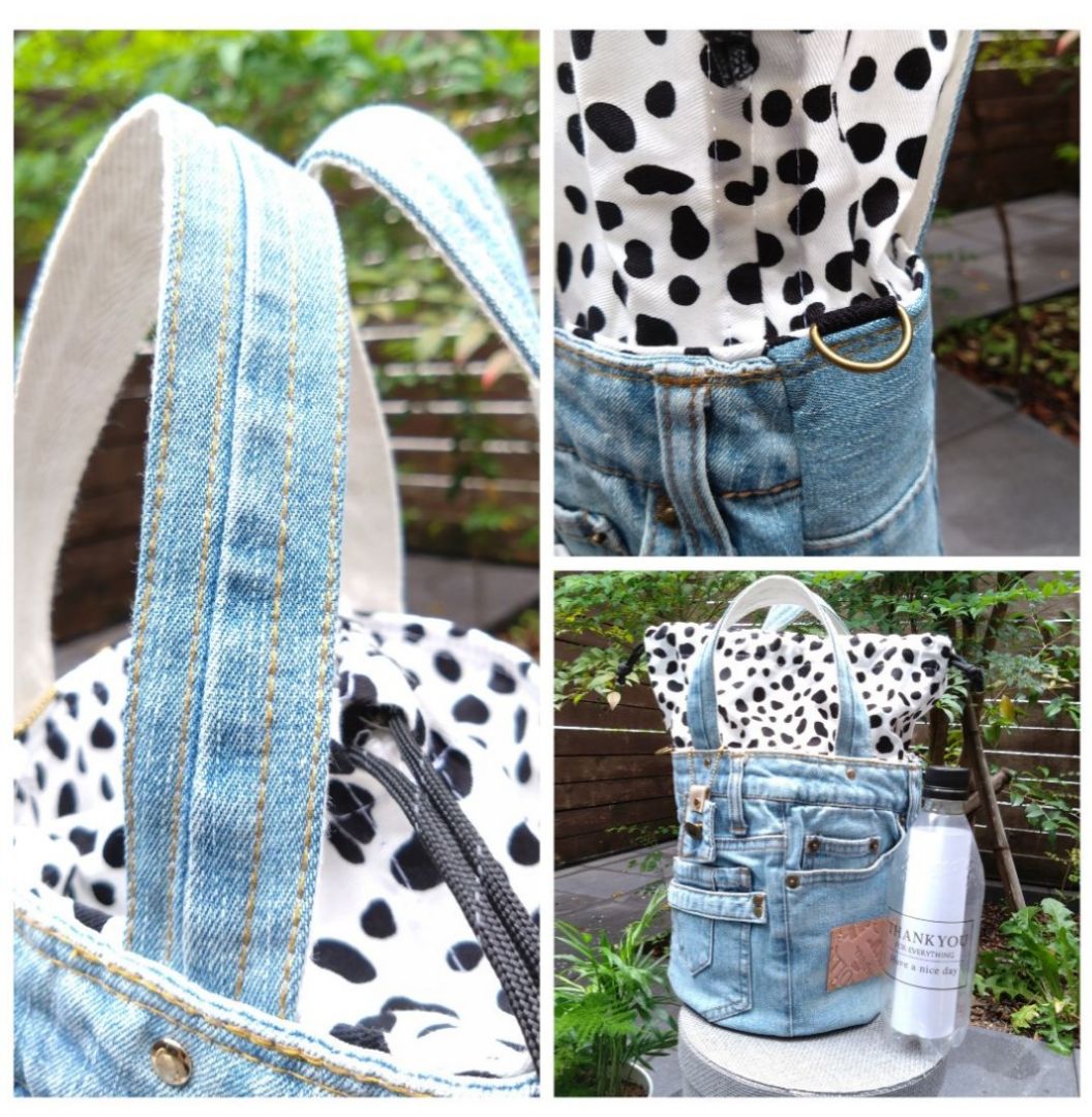 デニムリメイク　トートバッグ　ハンドメイド　アニマル柄　ダルメシアン №731【DENIM✖️ダルメシアン 巾着ToteBAG⚮̈🩷】デニムリメイク