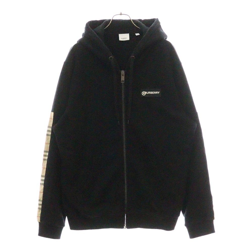 BURBERRY (バーバリー) ノバチェック 切替 ジップアップ フーディーパーカー ブラック×ベージュ 8025684