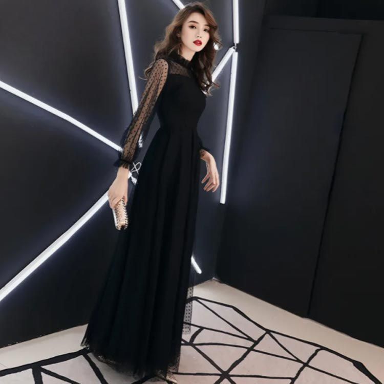 【ary】 新品未使用　フリル付きシースルー長袖ブラックパーティードレス フリルネック ブラック 結婚式 ワンピース シースルー
