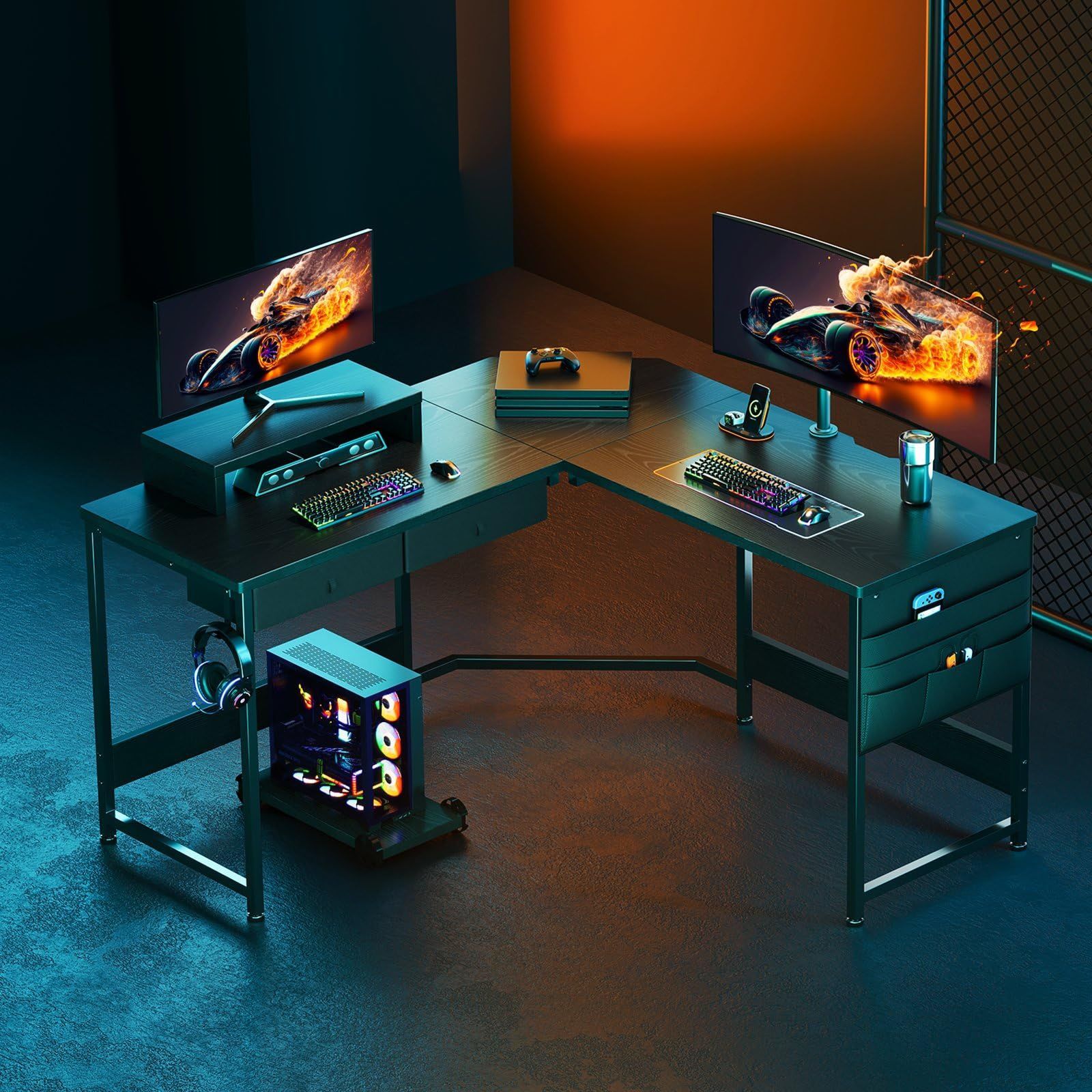 限定SALE開催中！ l字デスク pcデスク収納袋付き学習机 125cm 作業机引き出し付きデスク L字型 x PC 勉強机 ゲーミングデスク125cm 作業 在宅勤務 YeTom 黑い 100％品質保証！