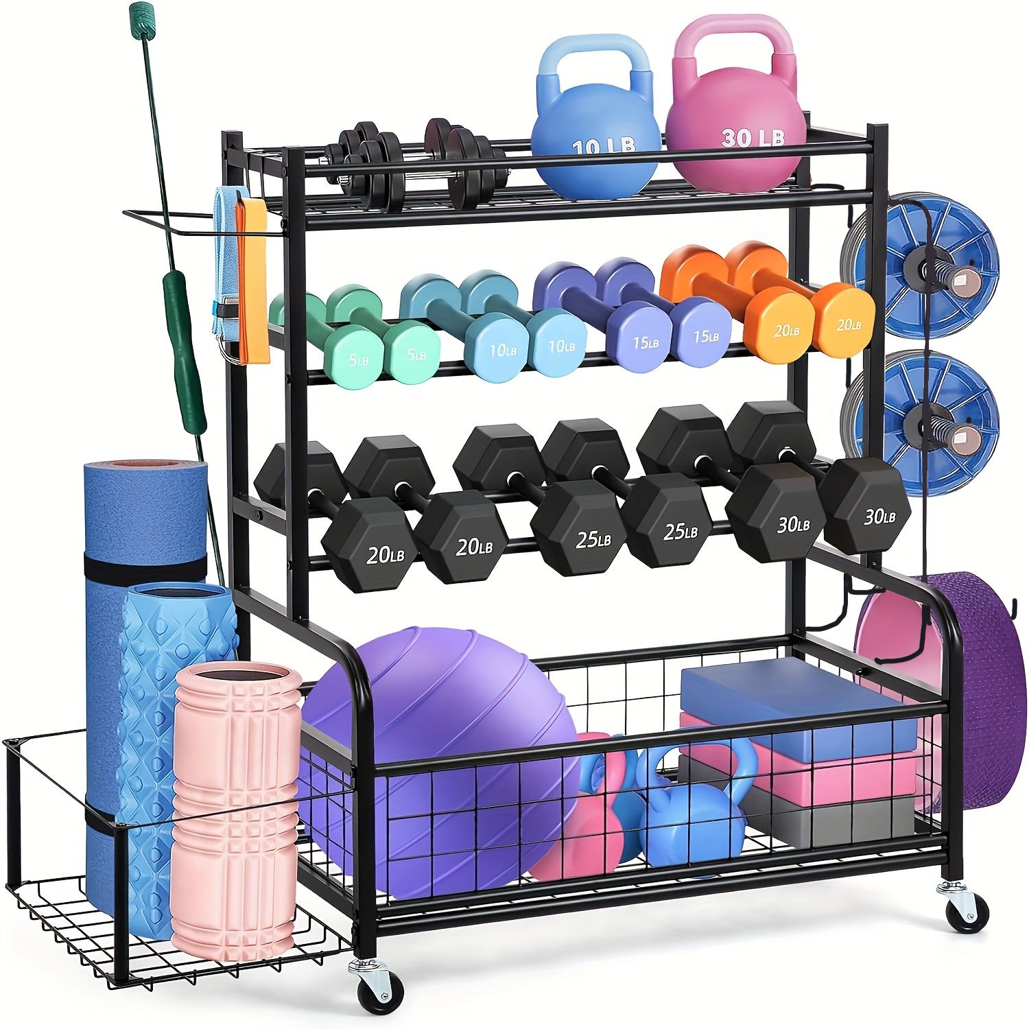 特大屋外スポーツ用品収納ラック ダンベル ボール フィットネスギア用の二層鉄製オーガナイザー ブラック バレンタイン イースター 女性の日 母の日 独立記念日に最適