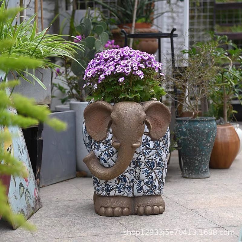 象の植木鉢 動物 おしゃれ 陶器 大きめ セット プランターカバー プランター ブルー ホワイト アジアン ガーデニング 装飾 鉢 置物 バルコニー 中庭 jaEj242 WWW_NOITHATQUANGTHANH_NET