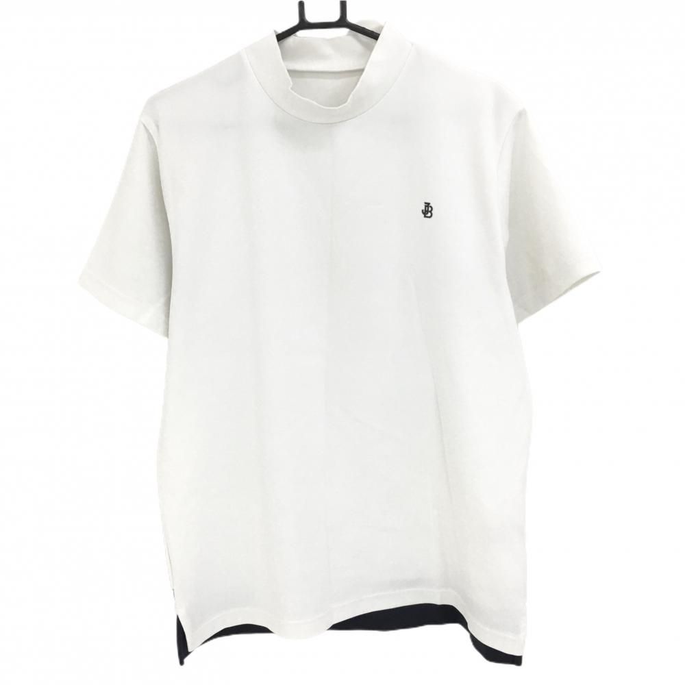 ジャックバニー 半袖ハイネックシャツ 白×ネイビー 織生地 裾裏ロゴプリント メンズ 6(XL) ゴルフウェア Jack Bunny