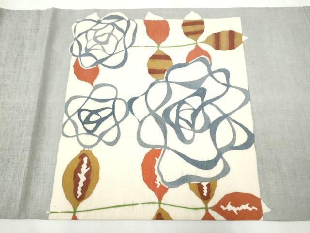 平和屋着物○太鼓柄 京袋帯 紬地 型染め 草花文 正絹 逸品 CAAY9638hy