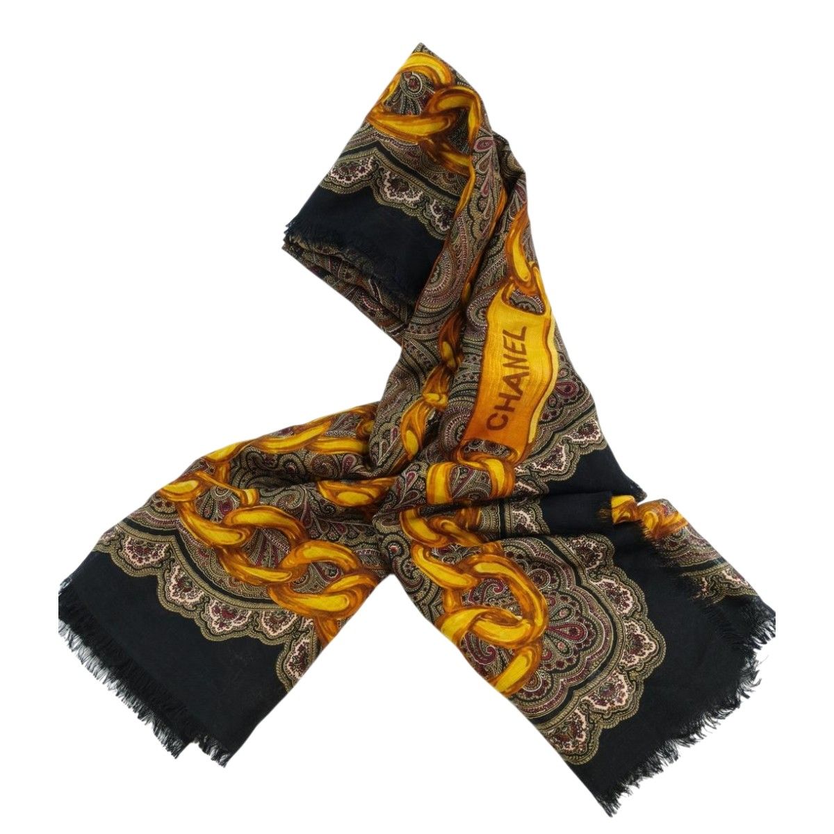 CHANEL シャネル スカーフ シルク ブラック チェーン柄 宝石柄 CHANEL シャネル スカーフ シルク ブラック チェーン柄 宝石柄