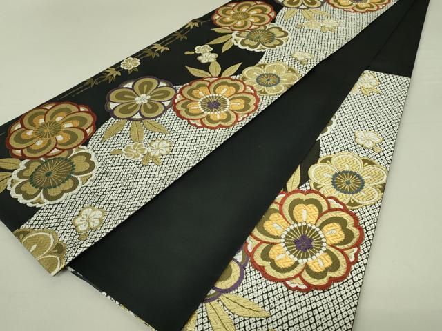 平和屋着物◎六通柄袋帯 吉祥舞花文 黒地 金糸 正絹 逸品