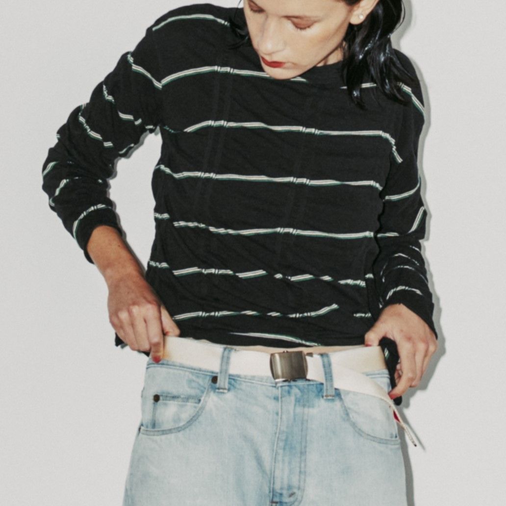 MEYAME メヤメ TUCKED JACQUARD BORDER PULLOVER BLACK タック