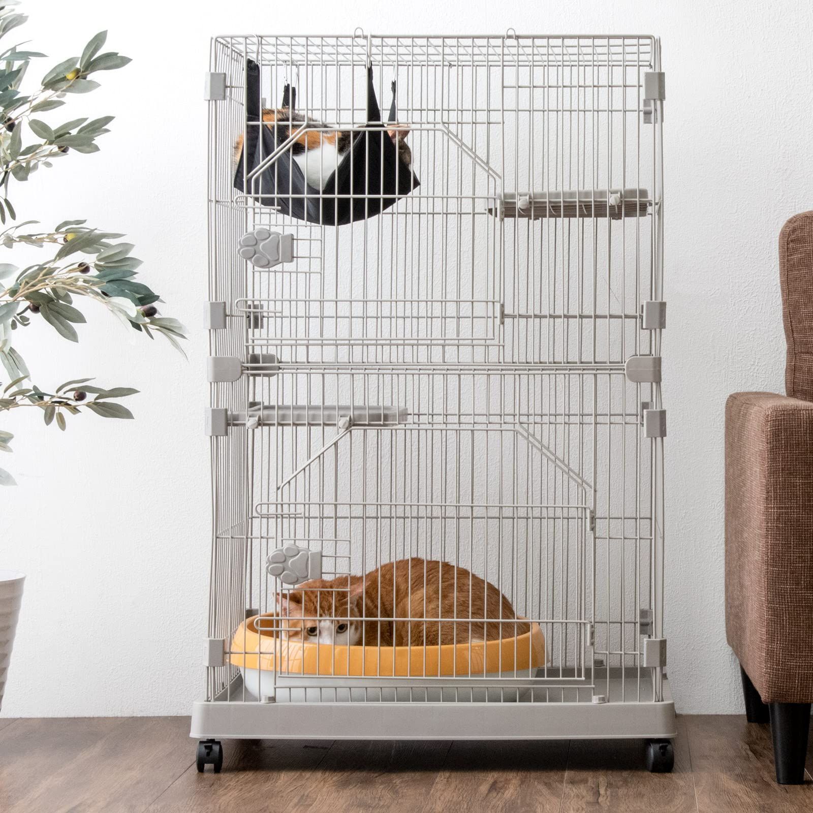 人気商品 タンスのゲン 猫ケージ 2段 幅69×奥行48×高さ106cm コンパクト ハンモック キャスター付き キャットケージ 天井扉 52800007 87056