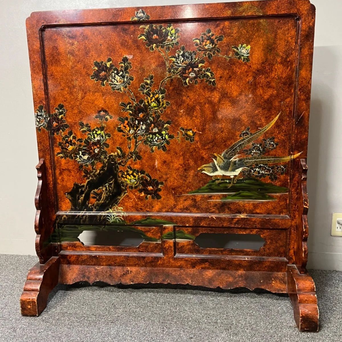 中国美術 衝立 花鳥画 両面 唐木 花梨 雀 時代 仕切り 工芸品 細工 美術品 ⭐︎ 衝立 中国美術 衝立 花鳥画 両面 唐木 花梨 雀 時代 仕切り