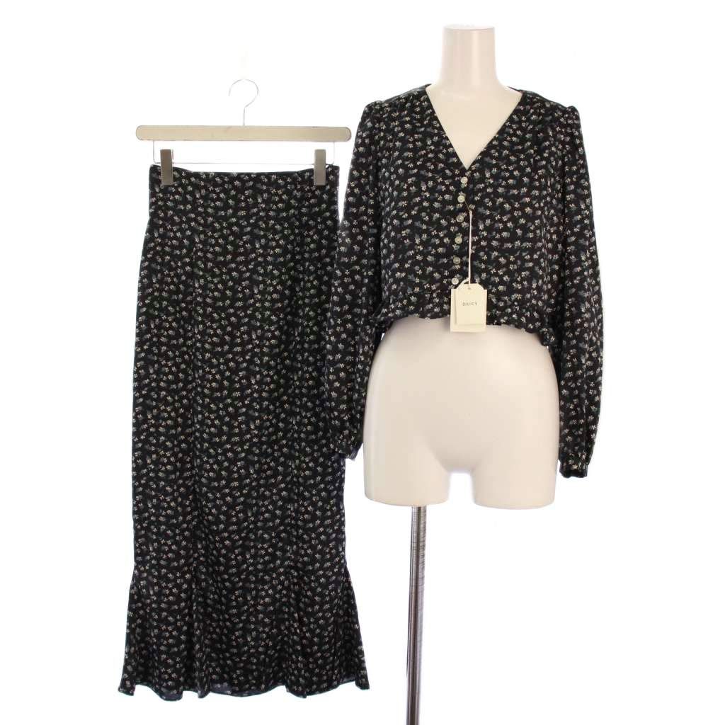 【中古】デイシー セットアップ 上下 ブラウス シャツ 長袖 Vネック フレアスカート ロング 花柄 F 0 黒 レディース デイシー deicy セットアップ 上下 ブラウス シャツ 長袖 Vネック