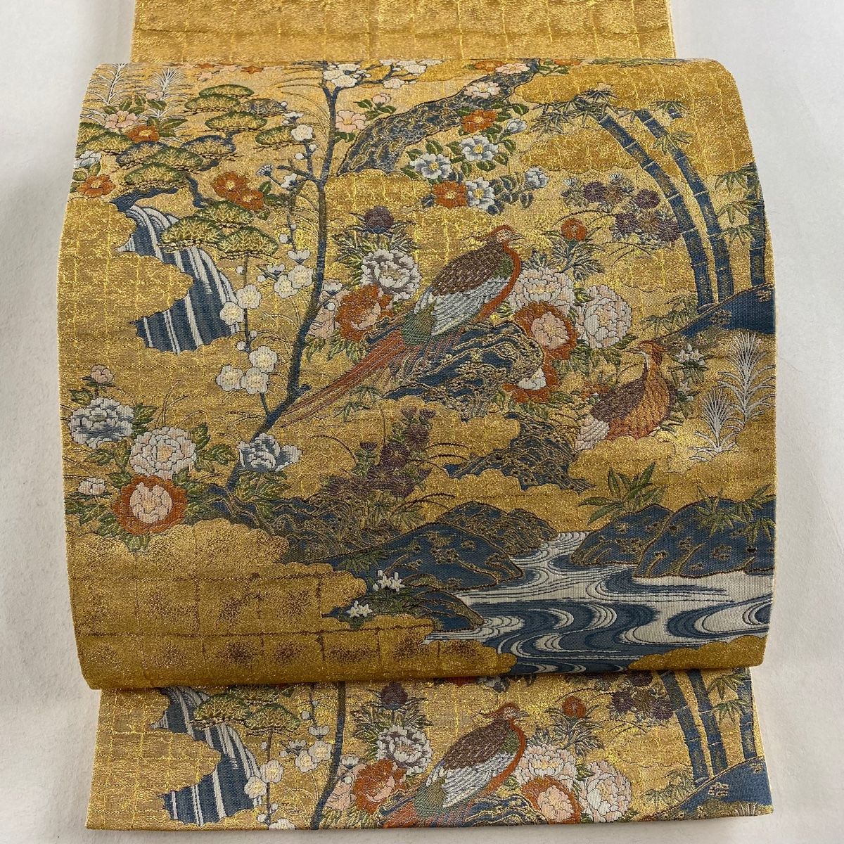 袋帯 美品 秀品 草花 鳥 金糸 箔 金色 お太鼓柄 正絹 【中古