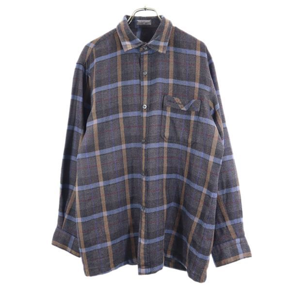 ピエールカルダン ウール チェック柄 長袖 シャツ L 茶×青×赤 Pierre Cardin メンズ 【中古】  【220903】